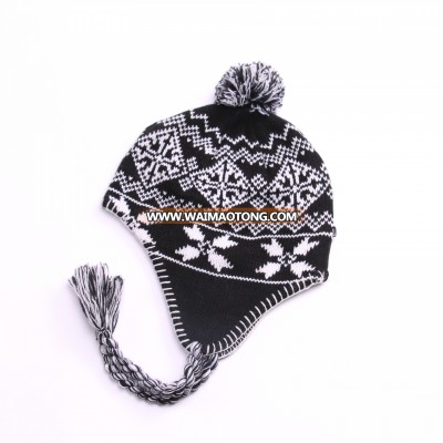 Colorful funny knitted winter earflap hat with neck string